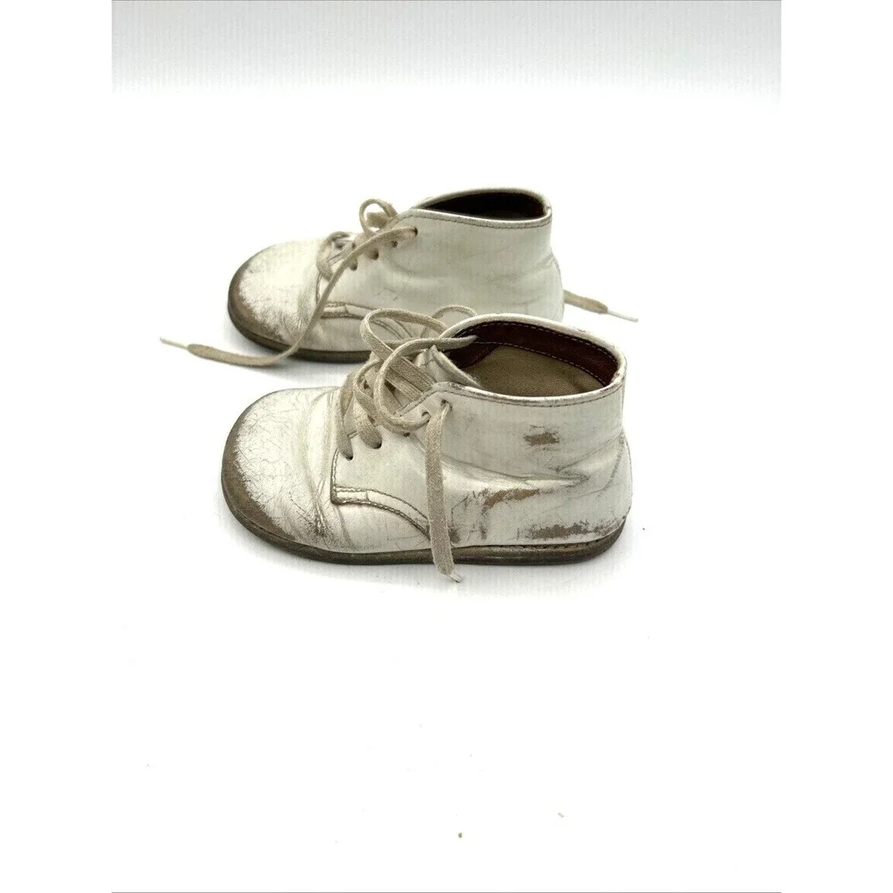 Vtg White Leather Baby Shoes Toddler Size 4.5 Wide Lace Up Mid Top Booties 5